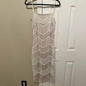 Lulus White Sequin Fringe Sleeveless Midi Dress, Size Small